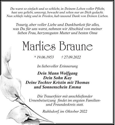 Traueranzeigen Von Marlies Braune Trauer Anzeigen De