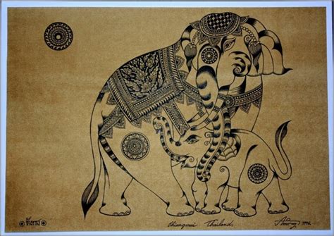 Thai Traditional Art of Elephant by Printing on Sepia Paper | Etsy