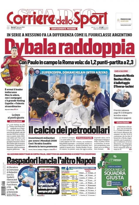 PRIMA PAGINA Corriere Dello Sport Raspadori Lancia Laltro Napoli