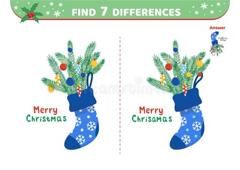 Christmas Sock With Fir Tree Branches Find 7 Differences Game Flat