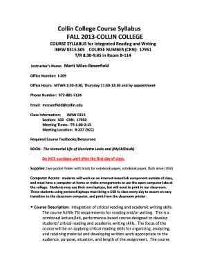 Fillable Online Collin College Course Syllabus FALL 2013 COLLIN COLLEGE