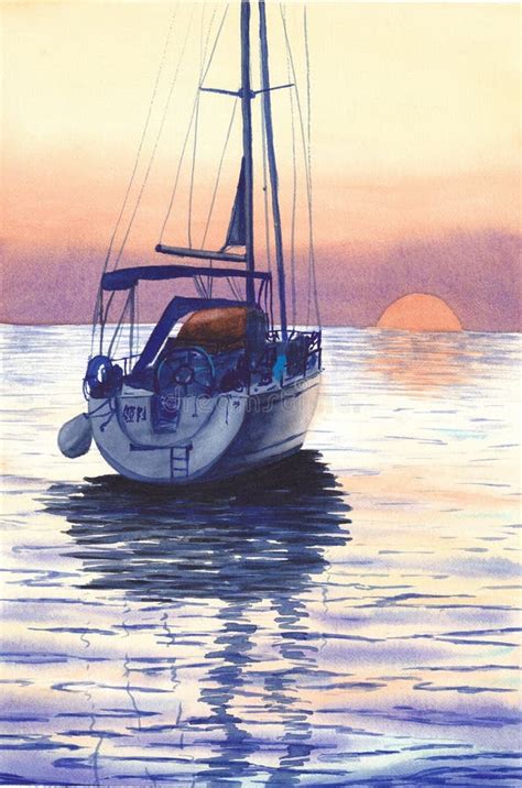 Yacht In Sunset Seascape Hand Painted Watercolor Illustration Stock