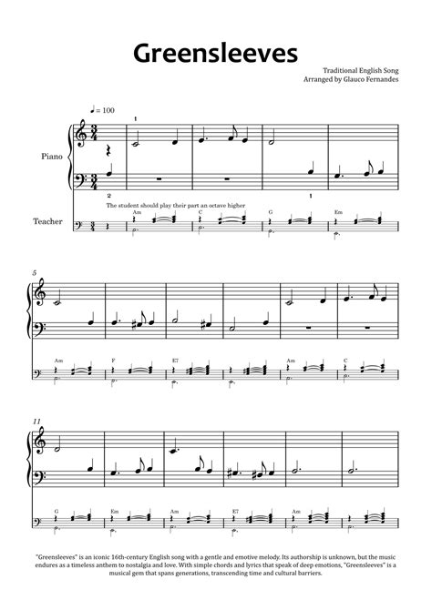 Greensleeves Easy Piano Piano Duet With Chord Charts Arr Glauco