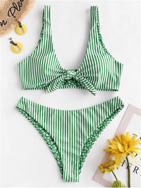 43 OFF 2020 ZAFUL Striped Floral Knot Reversible Bikini Swimsuit In