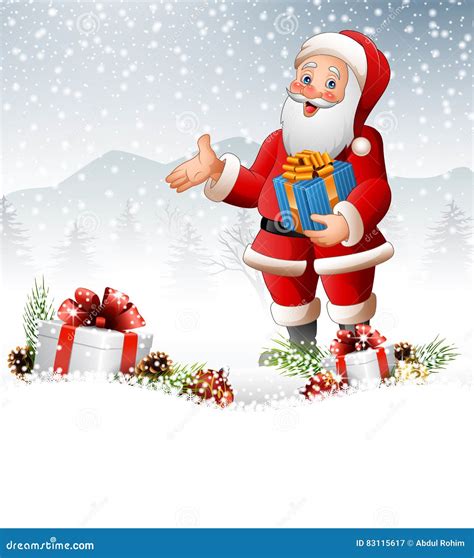 Cartoon Santa Claus Holding A Gift Box Stock Vector Illustration Of