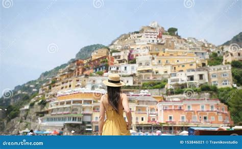 Summer Holiday In Italy Young Woman In Positano Village On The