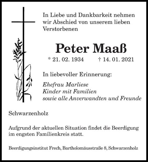 Traueranzeigen Von Peter Maa Saarbruecker Zeitung Trauer De