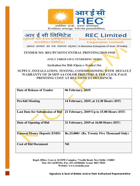 Fillable Online TENDER NO REC PCM IT CENTRAL PRINTING 2018 19 45 Fax