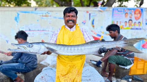 Kasimedu Cheetah Durai Big Size Barracuda Fish Cutting In