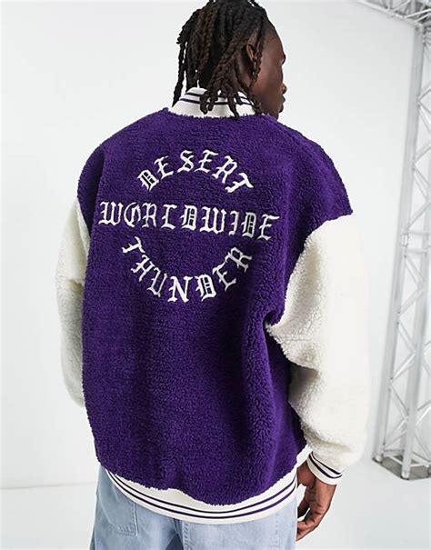 Asos Design Oversized Borg Varsity Jacket With Back Embroidery Asos