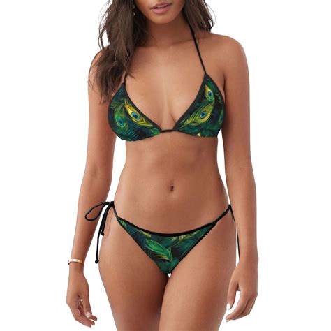 Ratiio Peacock Feathers2 Pattern Women S Two Piece Bikini Swimsuit Adjustable Tie Bikini Set