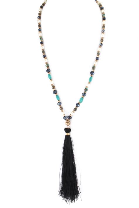 Multi Beaded Tassel Pendant Necklace Necklaces