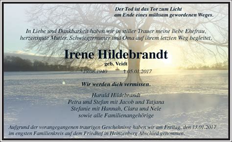 Traueranzeigen Von Irene Hildebrandt Vrm Trauer De