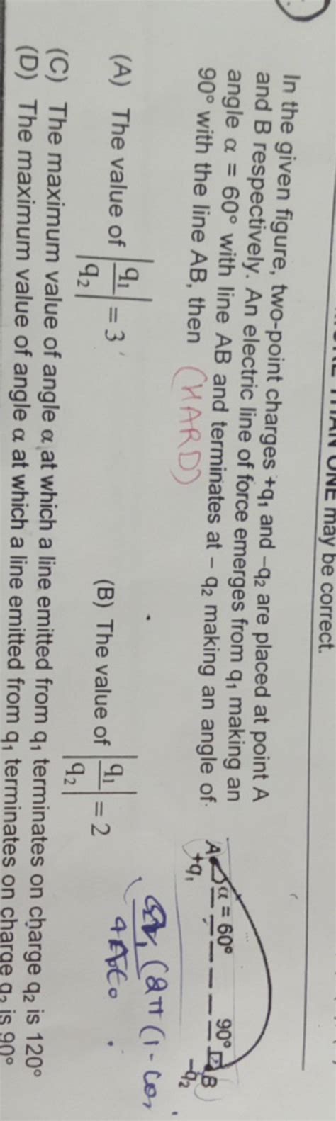 In The Given Figure Two Point Charges Q1 And −q2 Are Placed At Point