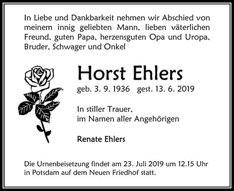 Traueranzeigen Von Horst Ehlers Trauer Anzeigen De