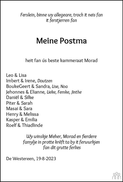 Meine Postma Overlijdensbericht En Condoleances Mensenlinq Nl