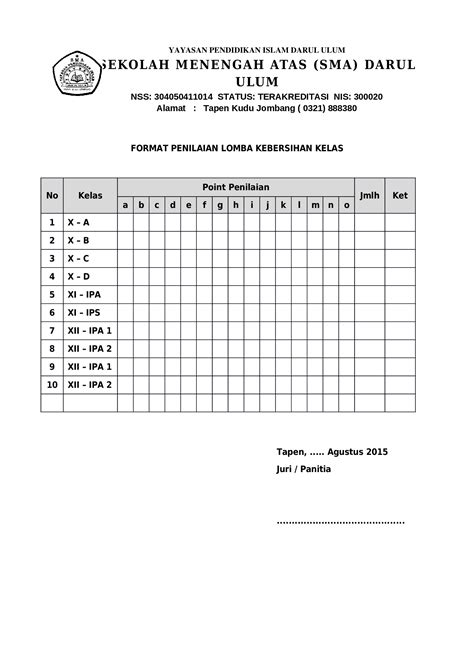 Format Penilaian Lomba Kebersihan Kelas Sma Tapen Riset Hot Sex Picture