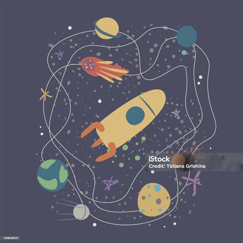 Ilustrasi Vektor Dengan Roket Komet Bintang Dan Planet Spaceflight