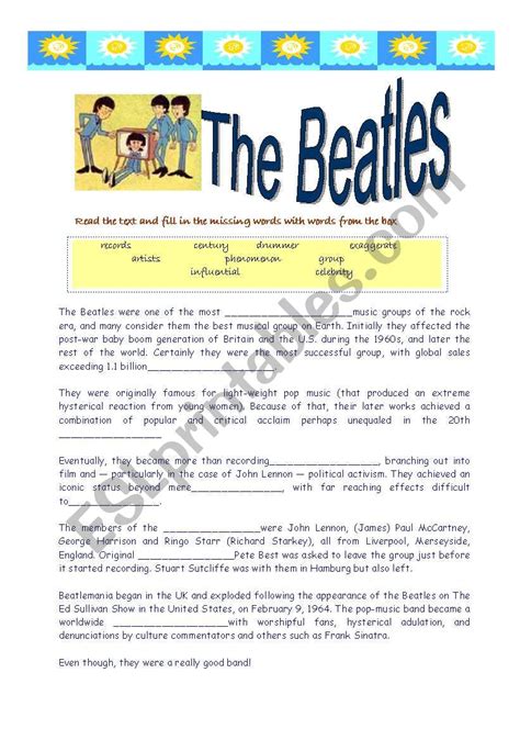 The Beatles Reading And Song ESL Worksheet By Katia Del Pilar