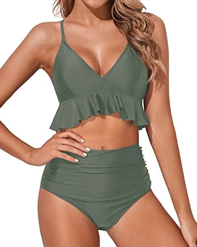 Feminine Ruffle Flounce Bikini Set Deep V Neck Army Green Tempt Me