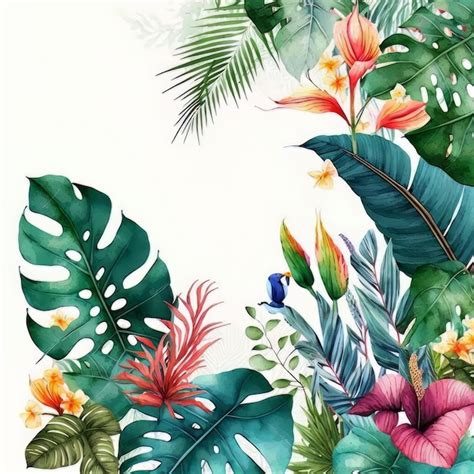 Borda De Aquarela De Cores Vivas E Fofas Plantas Tropicais