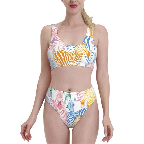 Haiem Zebra Colourful Women S High Waisted Bikini Set Two Piece Bathing