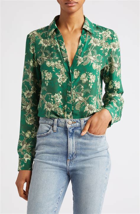 Alice Olivia Alice Olivia Eloise Floral Print Silk Blouse In Green