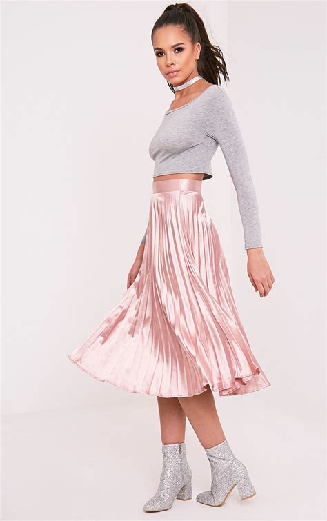 Harmonia Blush Satin Pleated Midi Skirt Prettylittlething