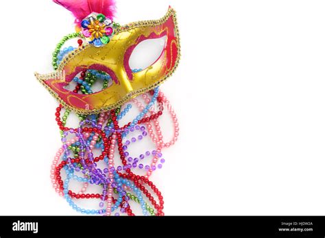 Mardi Gras Mask And Beads On White Backgroundtop View Stock Photo Alamy