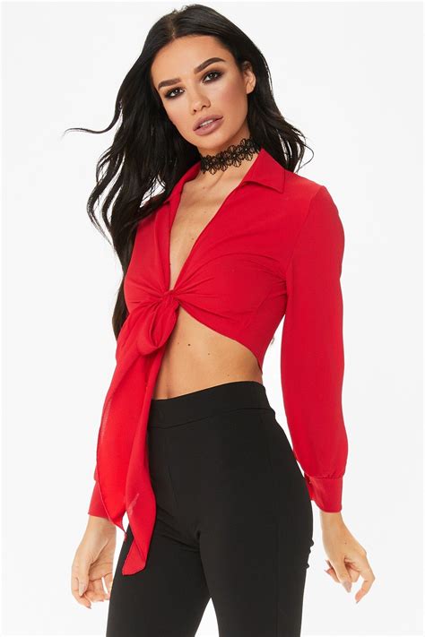 Carmel Red Collared Tie Front Crop Top Bestival Tie Front Crop Top Red Collar High Neck Top