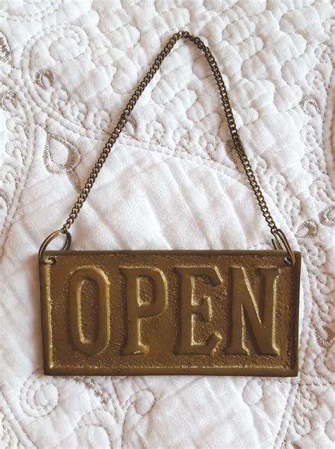 Greetings Vintage Brass Hanging Sign That Reads Open On One Side And Closed On The Other I