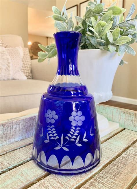 Vintage Bohemian Glass Cobalt Blue Cut To Clear Carafe Wine Etsy