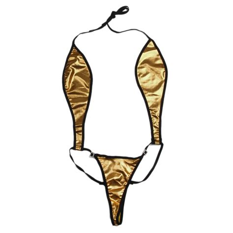 Women Sexy Lingerie Gold Patent Leather Bandage Bodydoll Bikini