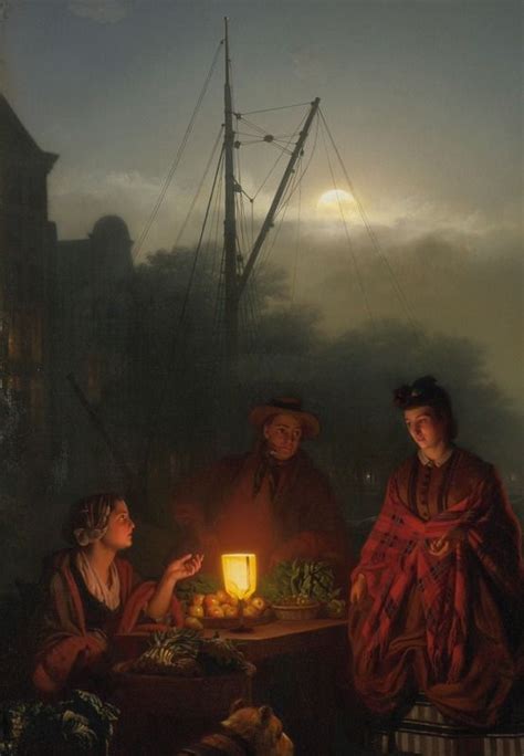 Petrus Van Schendel Dutch The Night Market Moonlight Painting Art