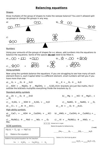 Balancing Equations Scaffolded Worksheet Differentiated Teaching Resources