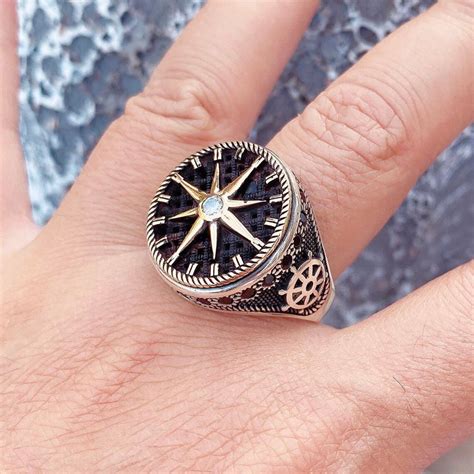 Compass Sterling Silver Ring Mens Band Compass Signet Ring Etsy