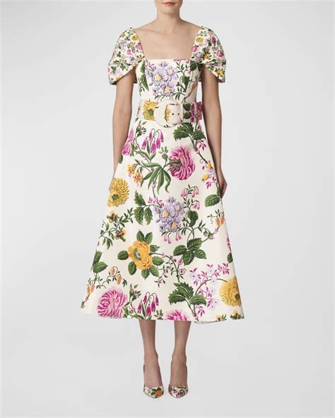 Andrew Gn Floral Print Puff Sleeve Belted Silk Midi Dress Neiman Marcus