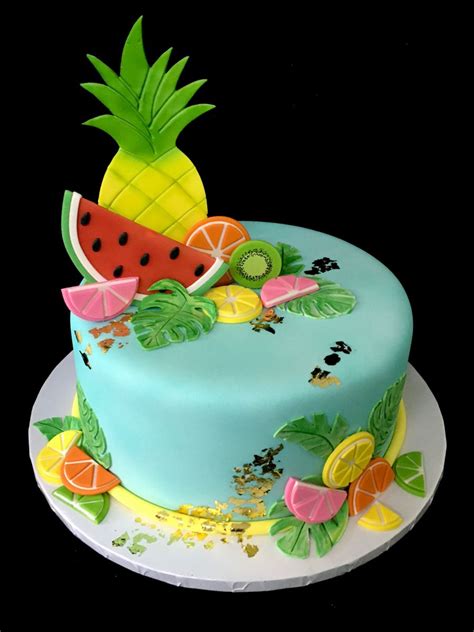 Tropical Fruits And Leaves Cake Beach Birthday Cake Fruit Birthday Cake Summer Cakes