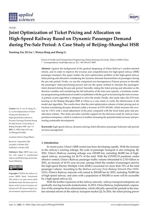 PDF Joint Optimization Of Ticket Pricing And Allocation On High Speed