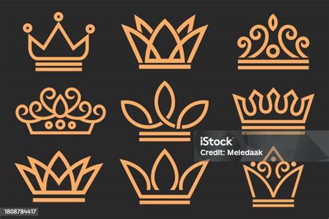 Set Ikon Mahkota Linier Simbol Kerajaan Mewah Raja Ratu Vektor Desain Logo Geometris Abstrak