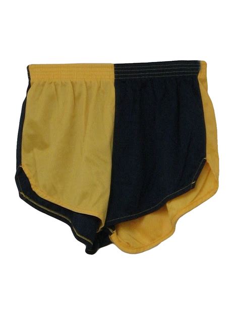 Eighties Vintage Shorts Early 80s Dolfin Unisex Golden Yellow And Navy Blue Nylon Tricot Knit