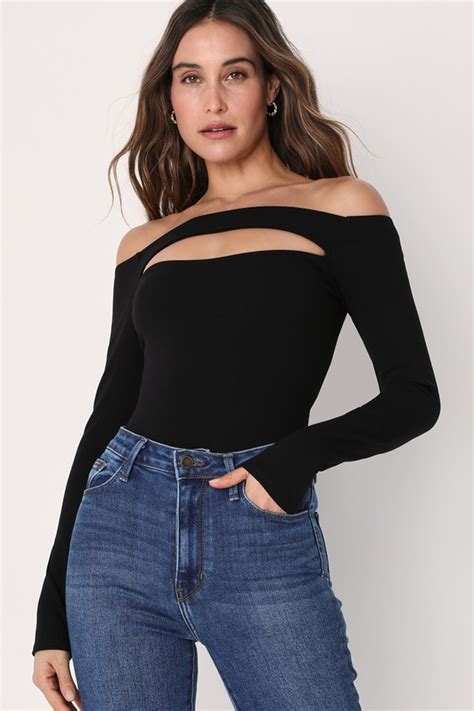 Black Cutout Bodysuit Long Sleeve Off The Shoulder Top Lulus