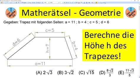 Matherätsel Geometrieaufgabe Berechne Höhe h des Trapezes YouTube