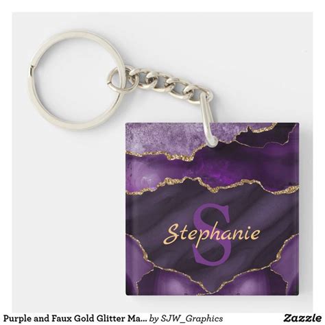 Purple And Faux Gold Glitter Marble Agate Monogram Keychain Zazzle