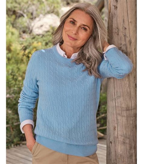 Soft Blue Cashmere Merino Cable Crew Neck Sweater Woolovers Us