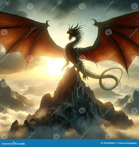 A Dragon Spreading Its Wings On A Mountain With The Sun Behind Stock