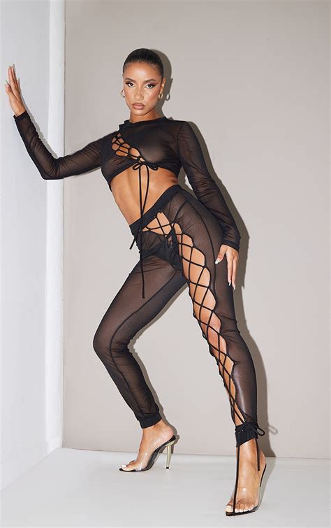 Black Mesh Cut Out Detail Leggings | Co-Ords | PrettyLittleThing