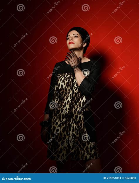 Pensive Romantic Short Haired Brunette Woman In Leopard Patterned Dress