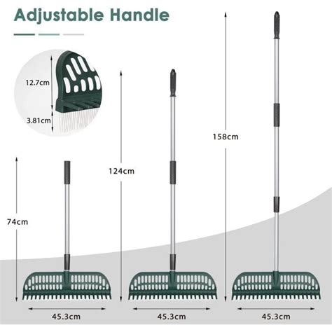 Râteau À Gazon Réglable Léger Manche Télescopique En Acier Tête En