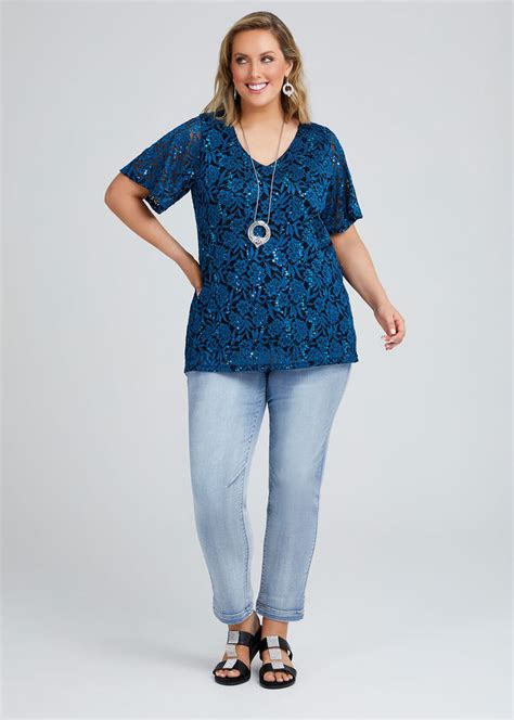 Shop Plus Size Giselle Sequin Lace Top In Blue Taking Shape Nz